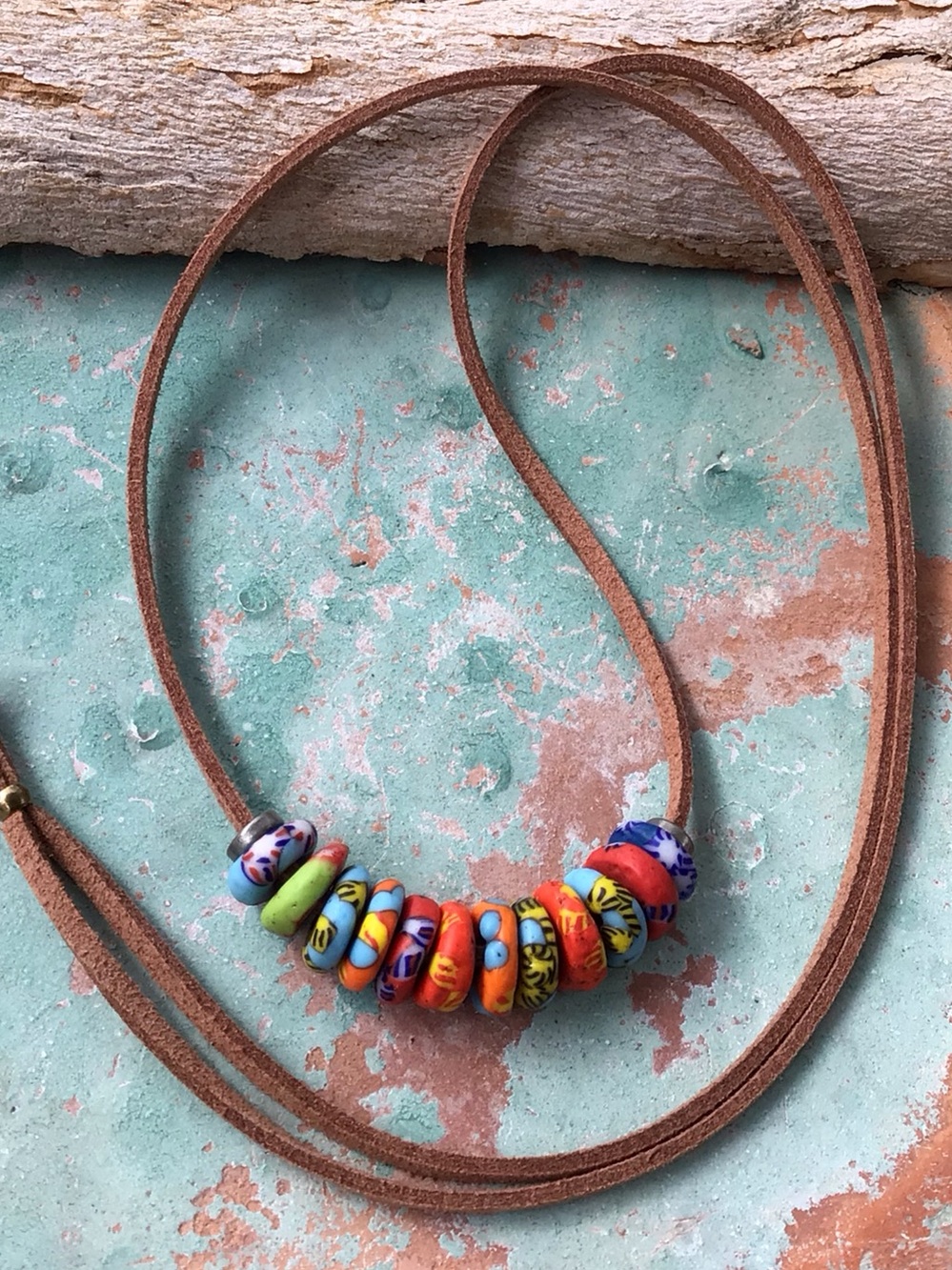 Antique Trade Beads Suede Leather Cord Sundance Charm Necklace